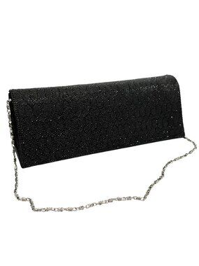 Evening or Wedding Shoulder Bag Purse Black Sparkles Metal Silver Chain